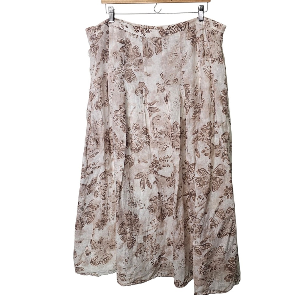 J Jill 20 Tall Linen Maxi Skirt Floral Beige‎ Pleated Resort Tropical Vacation